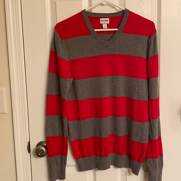 Old Navy Other - Old Navy Red Gray Stripe V-neck Lightweight Long Sleeve Cotton Sweater Small